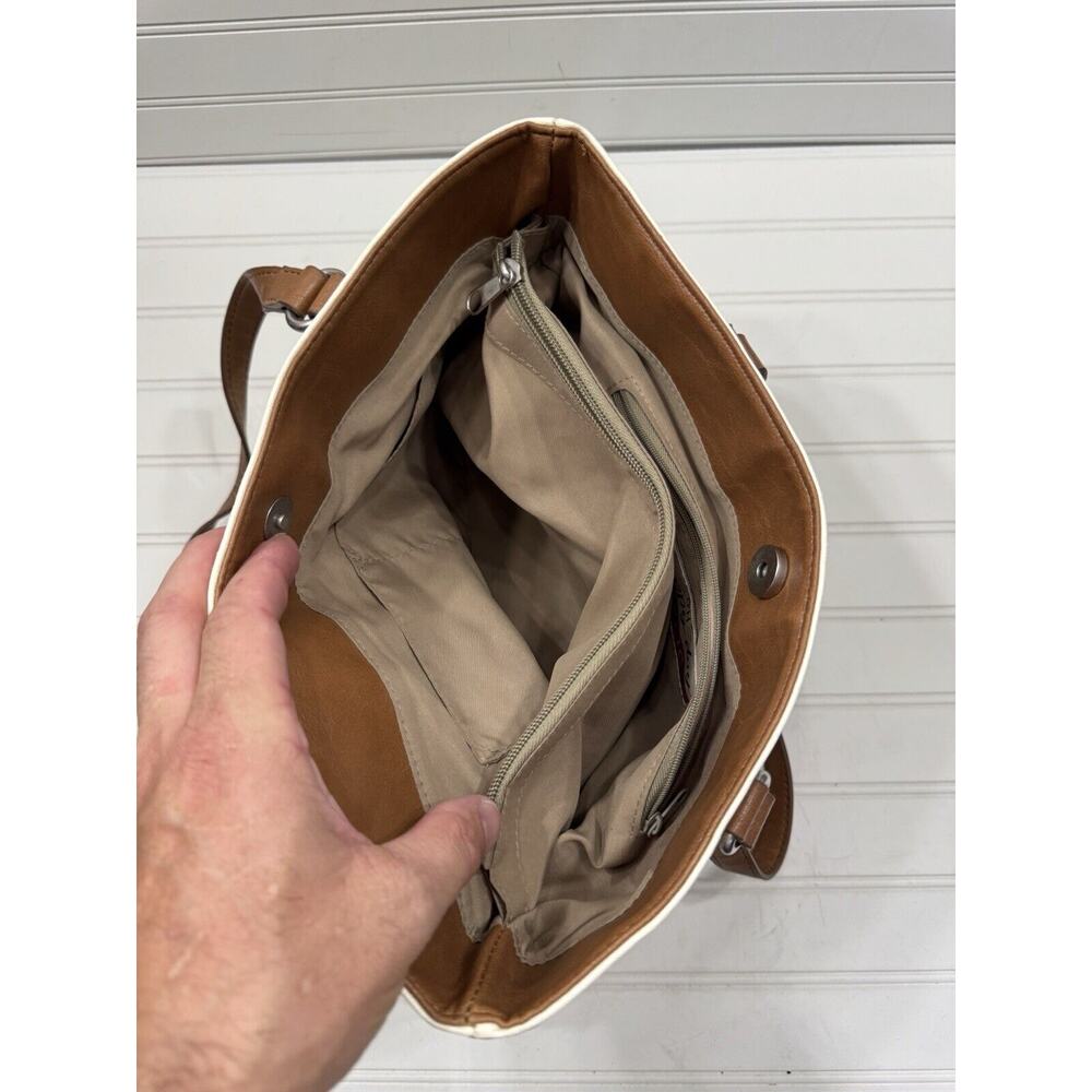RELIC Shoulder Bag Tote Handbag Ivory Faux Leather with Brown Trim Double Handle - Picture 6 of 7